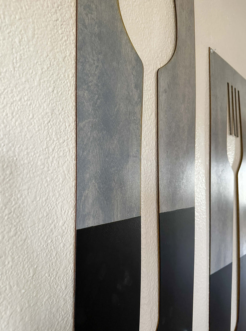 Fork, spoon, and knife set handmade of wood wall decor in dark charcoal with heather gray