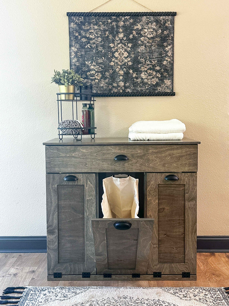 Prescott laundry with a storage drawer in Aged Barrel slim style