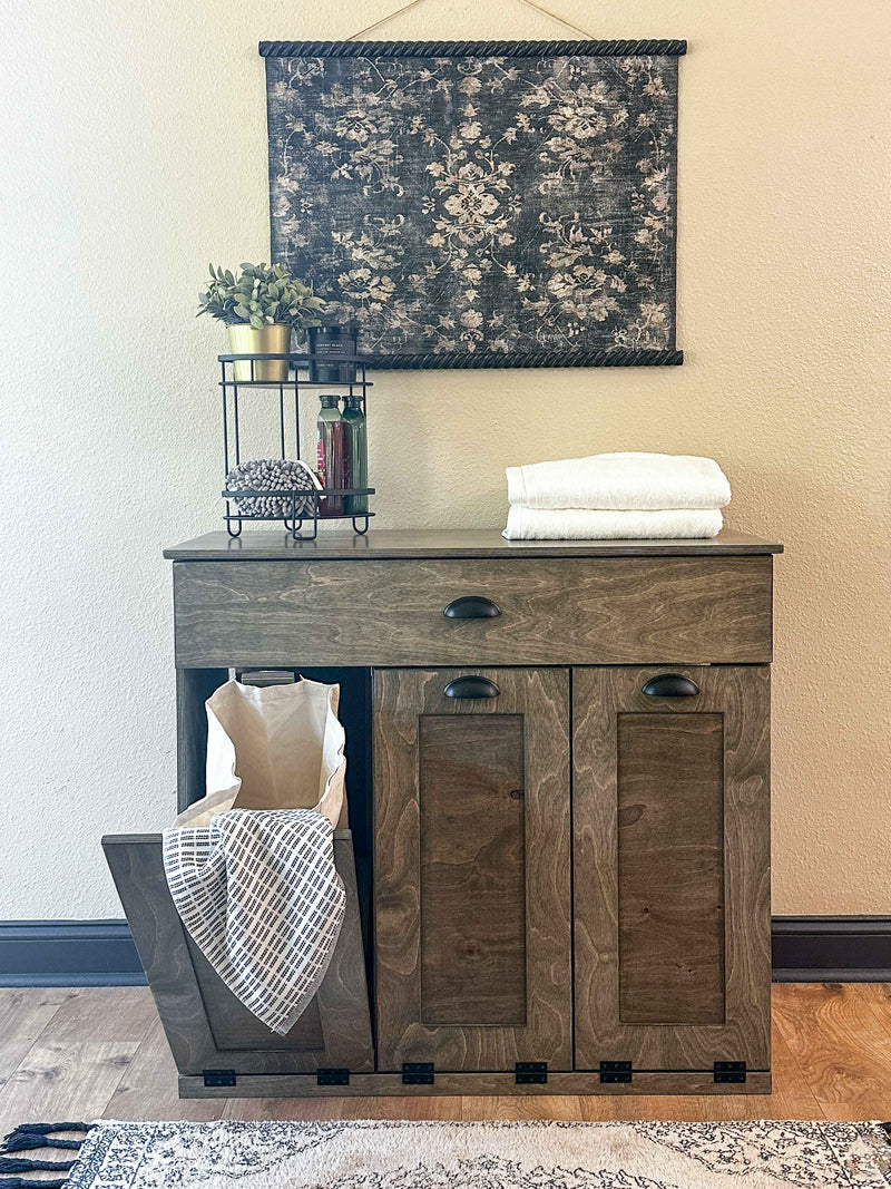 Prescott laundry with a storage drawer in Aged Barrel slim style