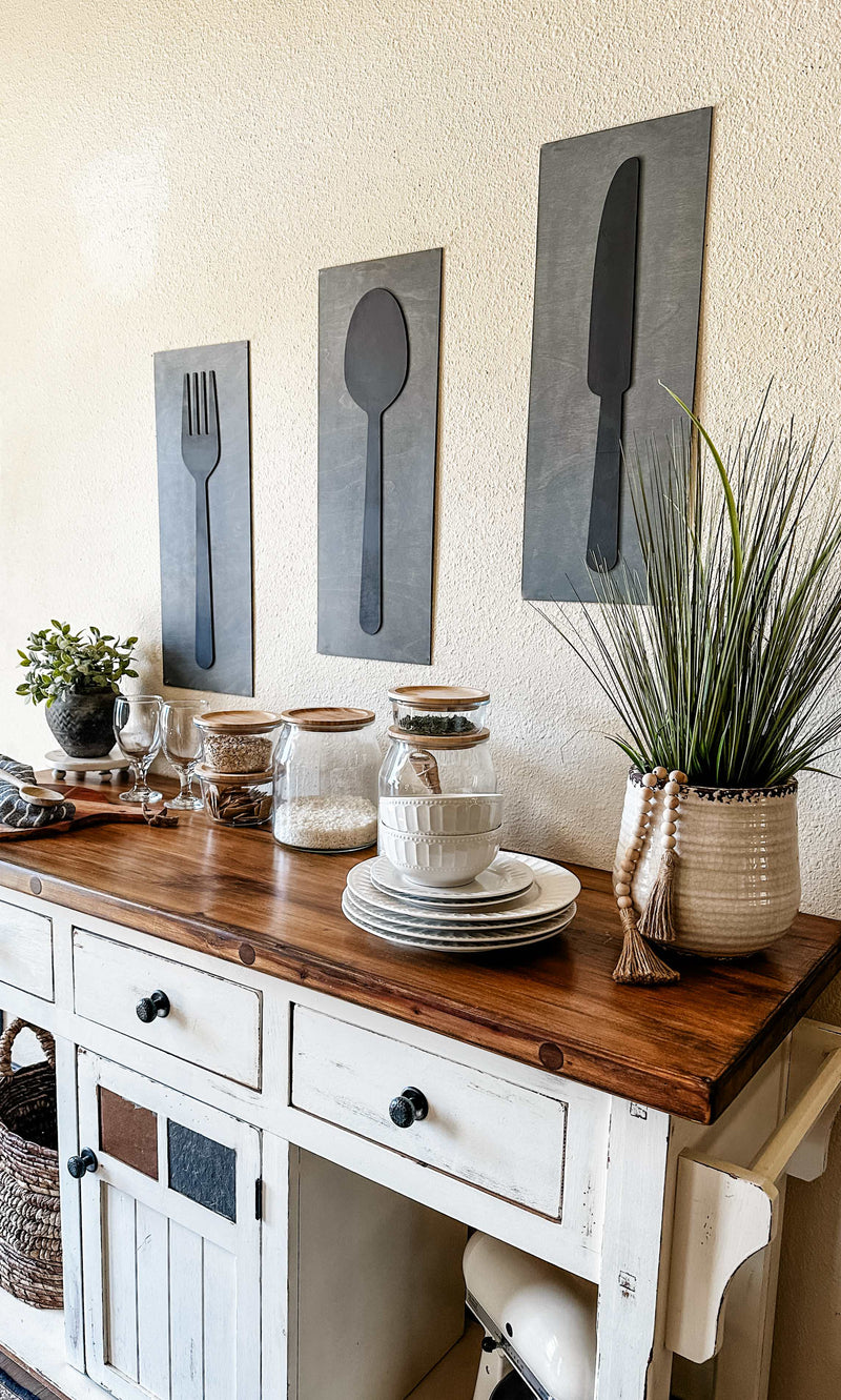 Fork, spoon, and knife set handmade of wood wall decor in dark charcoal with heather gray layered