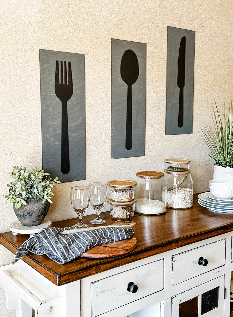 Fork, spoon, and knife set handmade of wood wall decor in dark charcoal with heather gray layered