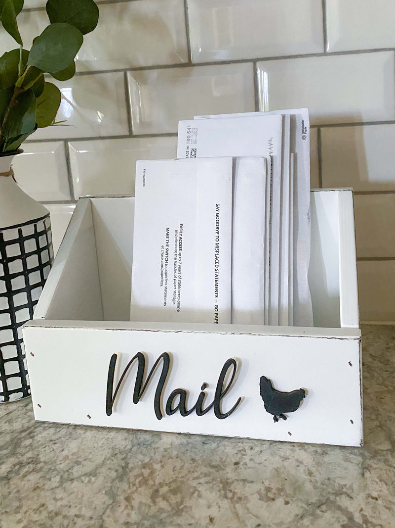 handmade wooden mail caddy in white distressed