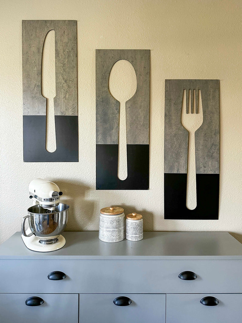 Fork, spoon, and knife set handmade of wood wall decor in dark charcoal with heather gray