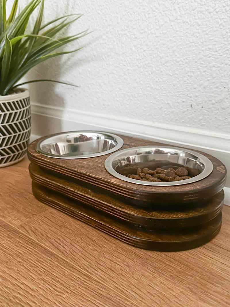 Two bowl stained layered wood elevated cat feeder