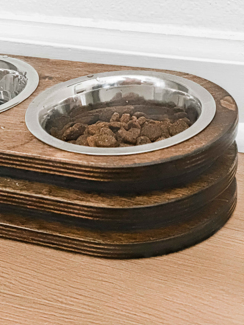 Two bowl stained layered wood elevated cat feeder