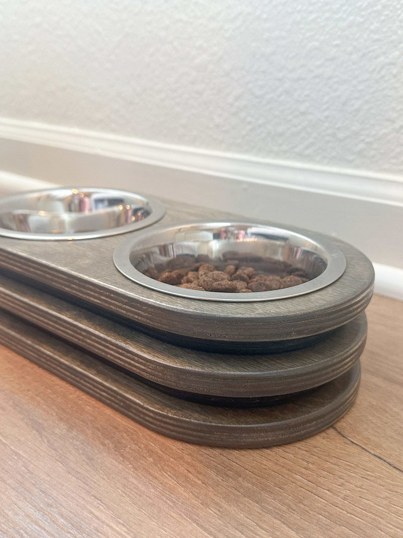 Two bowl stained layered wood elevated cat feeder