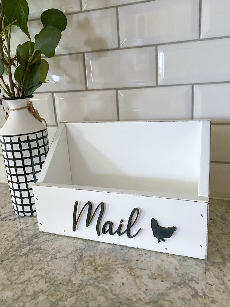 handmade wooden mail caddy in white distressed