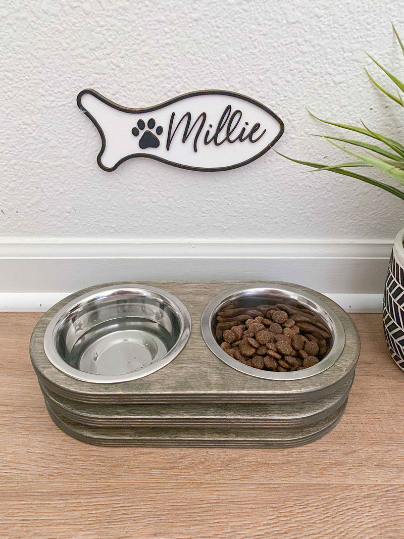 Two bowl stained layered wood elevated cat feeder