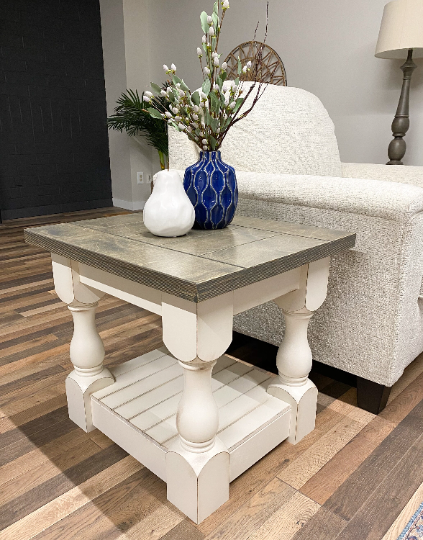 Rustic baluster farmhouse end table aged barrel