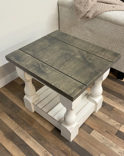 Rustic baluster farmhouse end table aged barrel