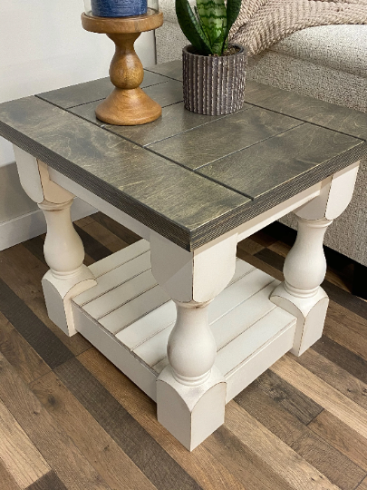 Rustic baluster farmhouse end table aged barrel