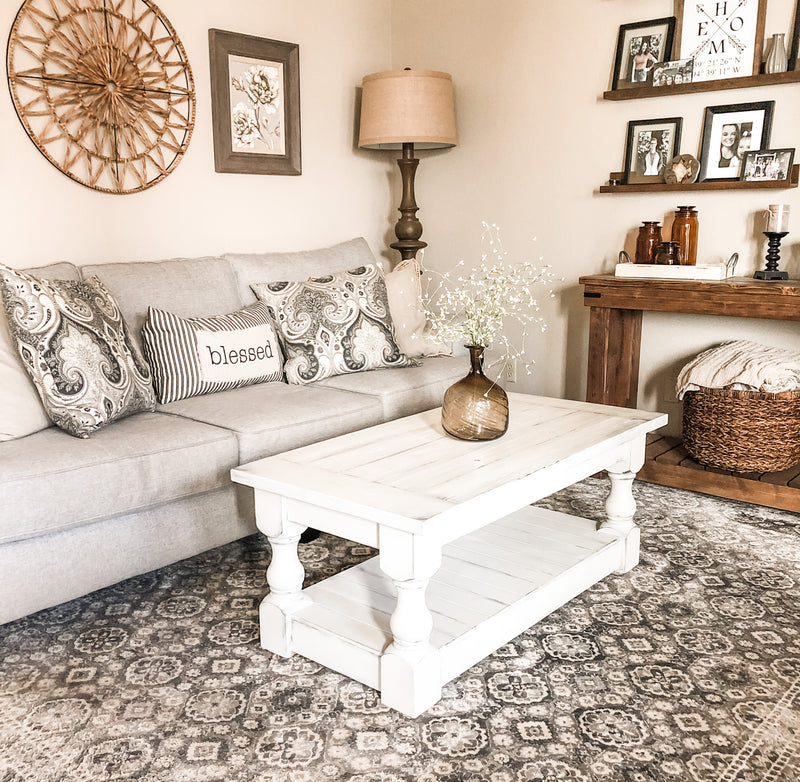 Rustic baluster farmhouse coffee table distressed rectangle all over distressed paint