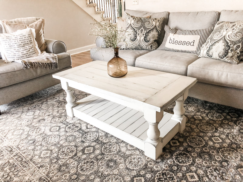 Rustic baluster farmhouse coffee table distressed rectangle all over distressed paint