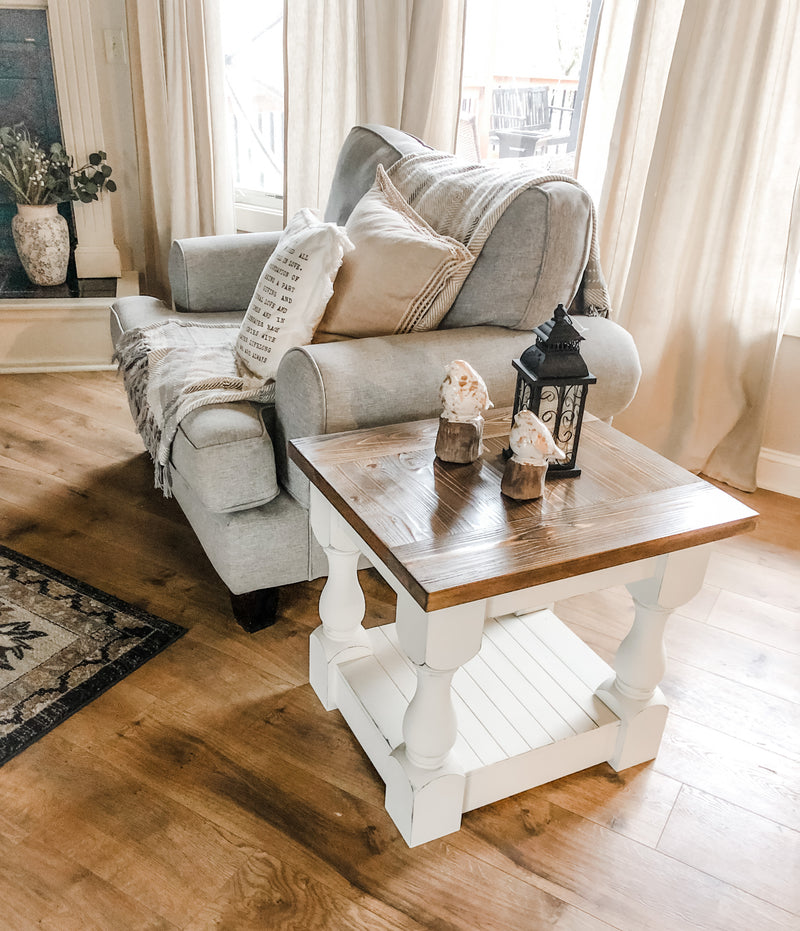 Rustic baluster farmhouse end table in warm brown distressed