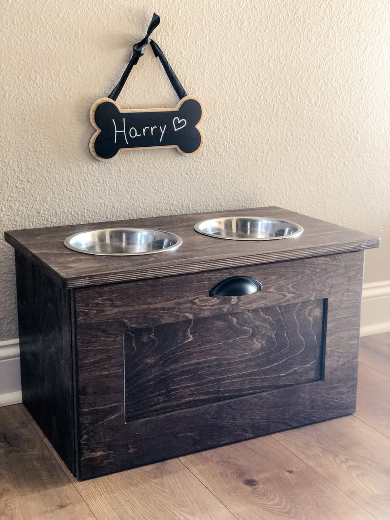 two bowl elevated dog feeder with storage