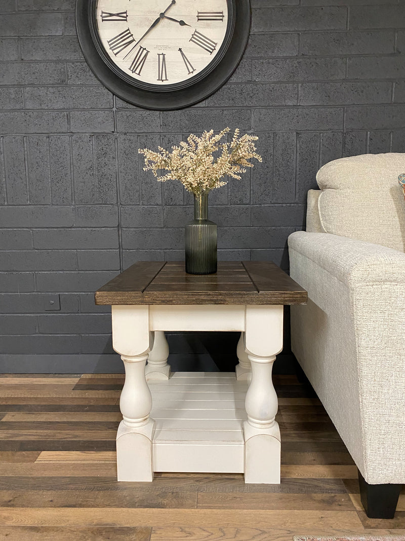 Rustic baluster farmhouse end table in dark brown