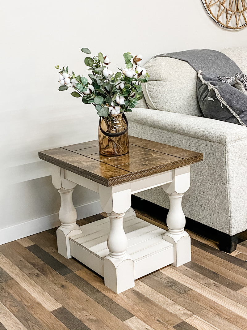 Rustic baluster farmhouse end table in warm brown distressed