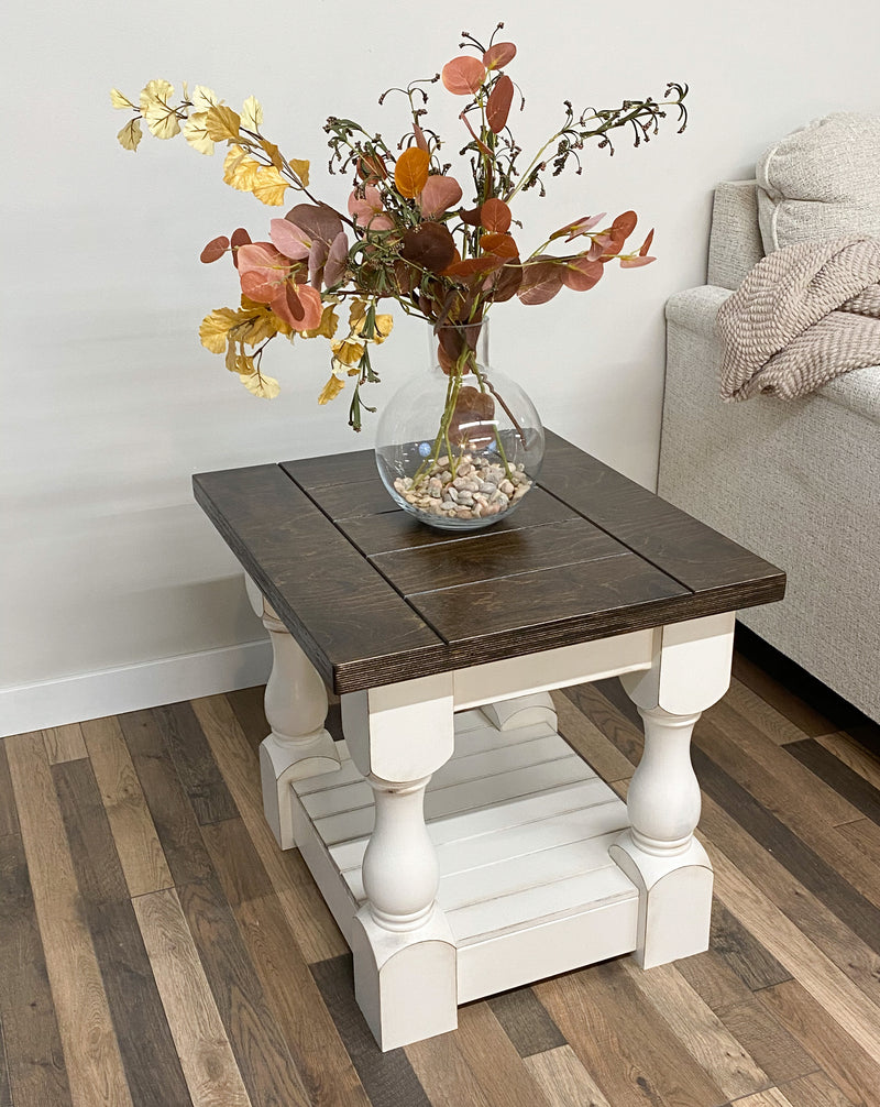 Rustic baluster farmhouse end table in dark brown