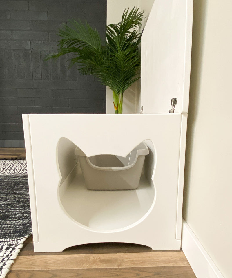 Hidden litter box in white with a flat panel