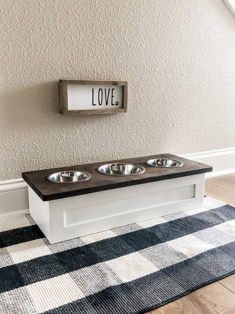 3 bowl small size elevated pet feeder in white with a stained top (W-flat- Shown in: Dark Brown| 3 bowl)