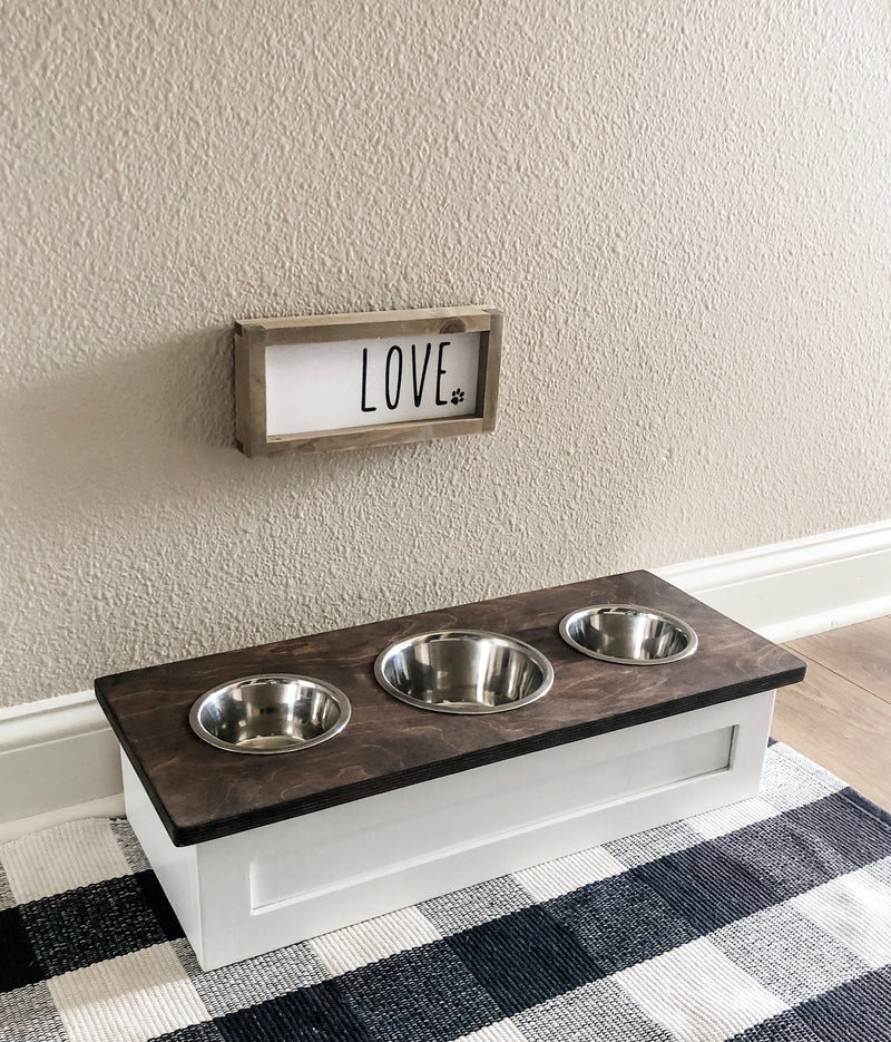 3 bowl small size elevated pet feeder in white with a stained top (W-flat- Shown in: Dark Brown| 3 bowl)