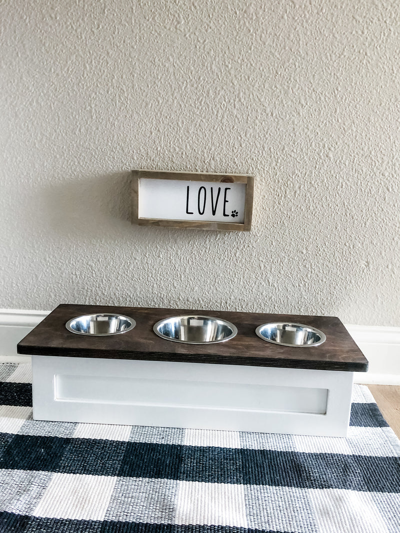 3 bowl small size elevated pet feeder in white with a stained top (W-flat- Shown in: Dark Brown| 3 bowl)