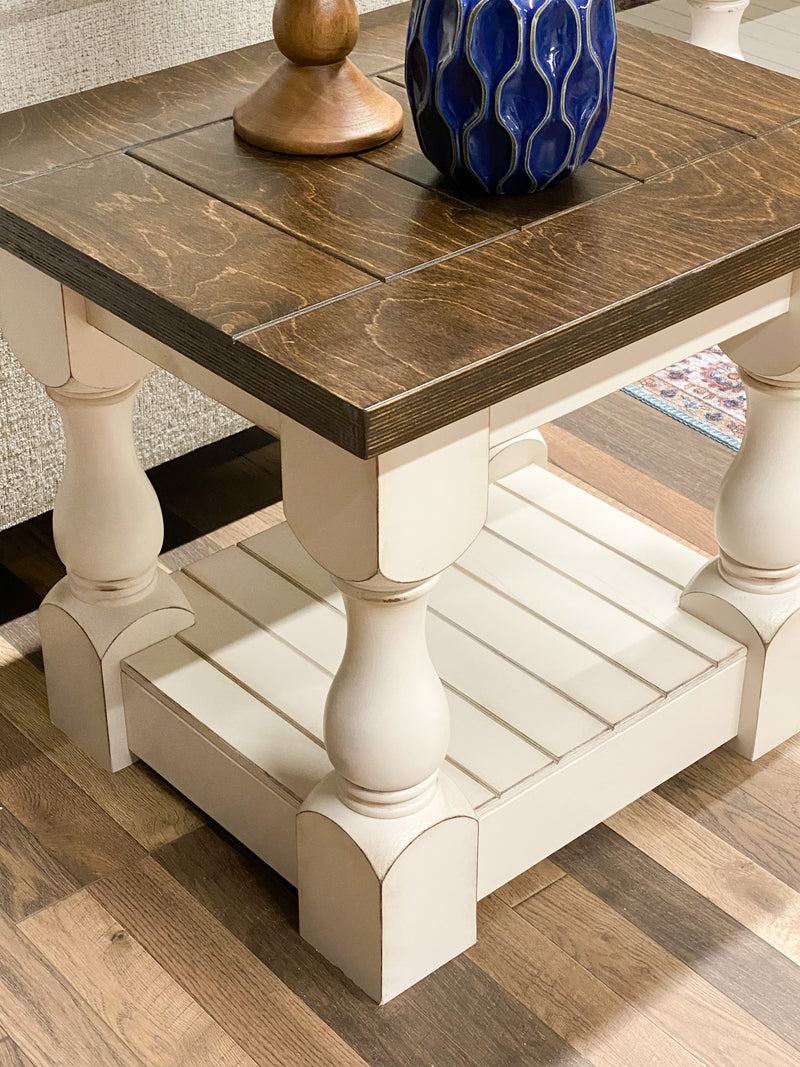 Rustic baluster farmhouse end table in dark brown