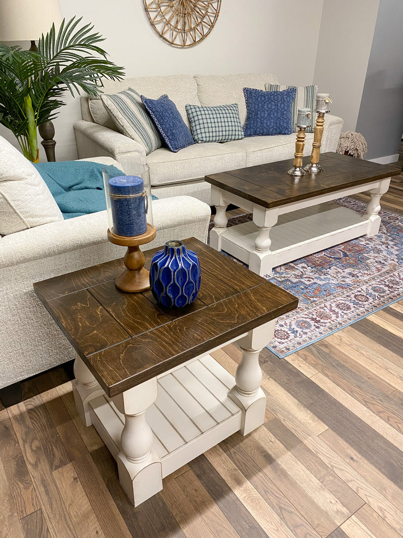 Rustic baluster rectangle farmhouse coffee table distressed dark brown stain