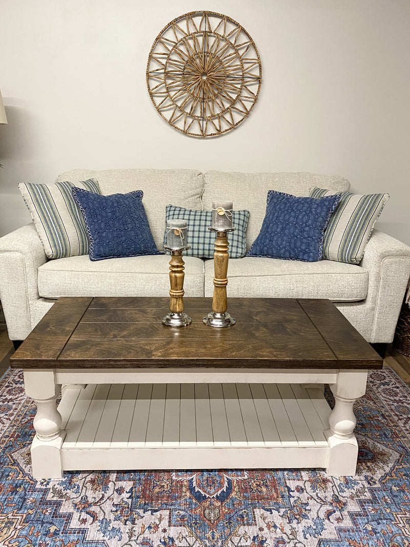 Rustic baluster rectangle farmhouse coffee table distressed dark brown stain