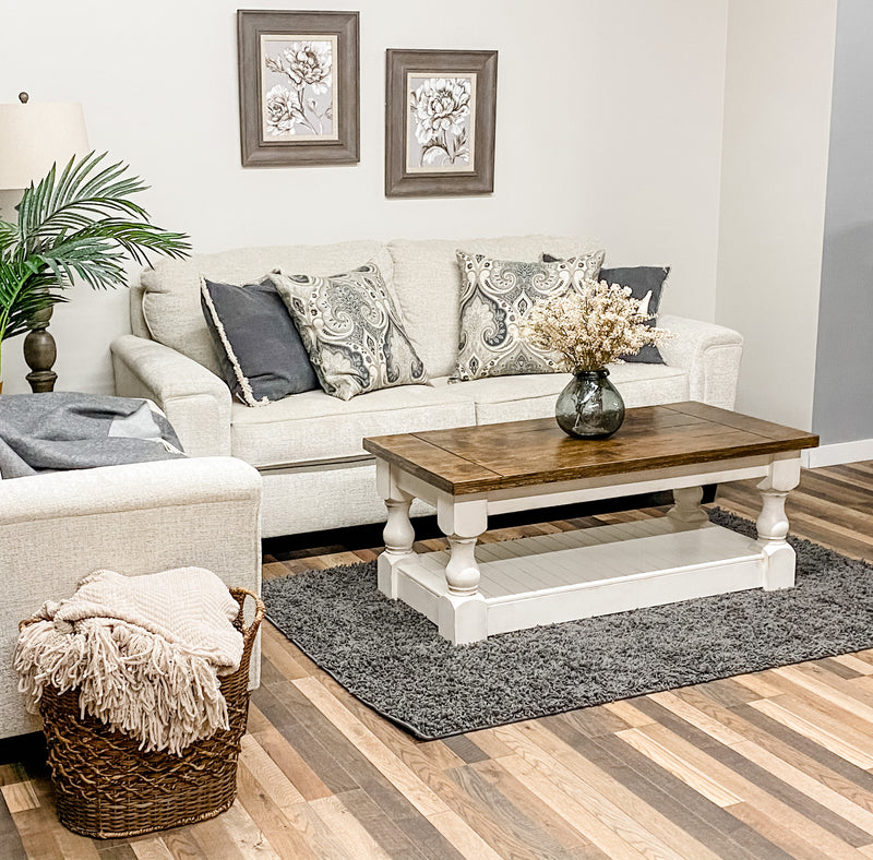 Baluster rectangle farmhouse coffee table distressed with warm brown top