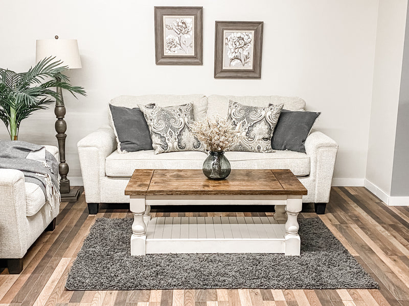 Baluster rectangle farmhouse coffee table distressed with warm brown top