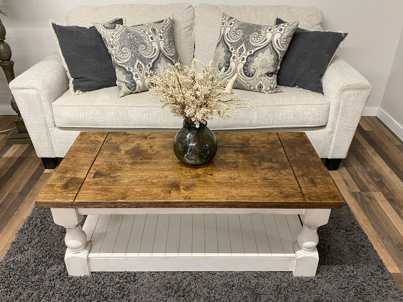 Baluster rectangle farmhouse coffee table distressed with warm brown top