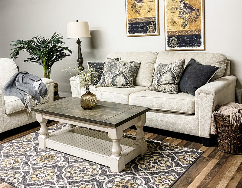 Rustic baluster rectangle farmhouse coffee table distressed aged barrel