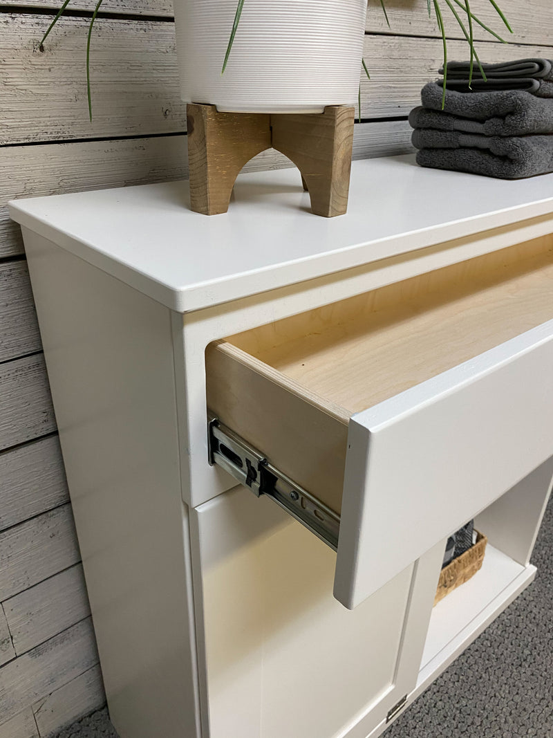 Dashwood laundry with open shelving and drawer in white, farmhouse style doors