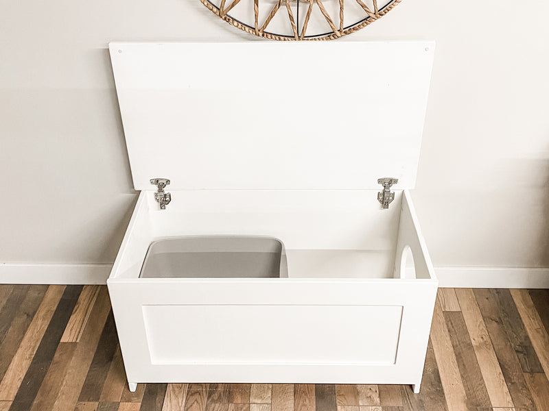 Hidden litter box in white with a flat panel