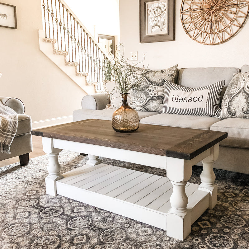 Rustic baluster rectangle farmhouse coffee table distressed dark brown stain