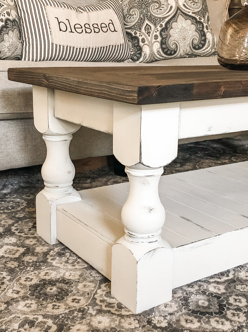 Rustic baluster rectangle farmhouse coffee table distressed dark brown stain