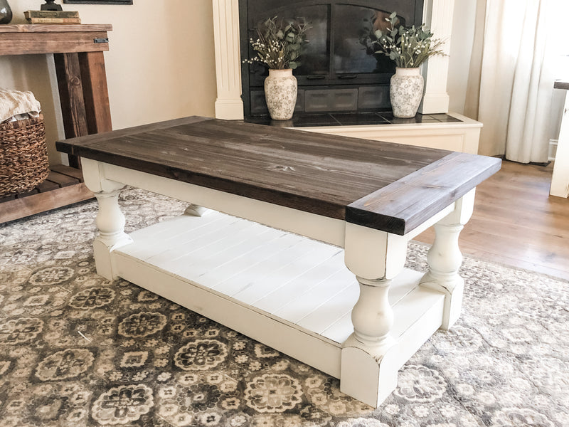 Rustic baluster rectangle farmhouse coffee table distressed dark brown stain