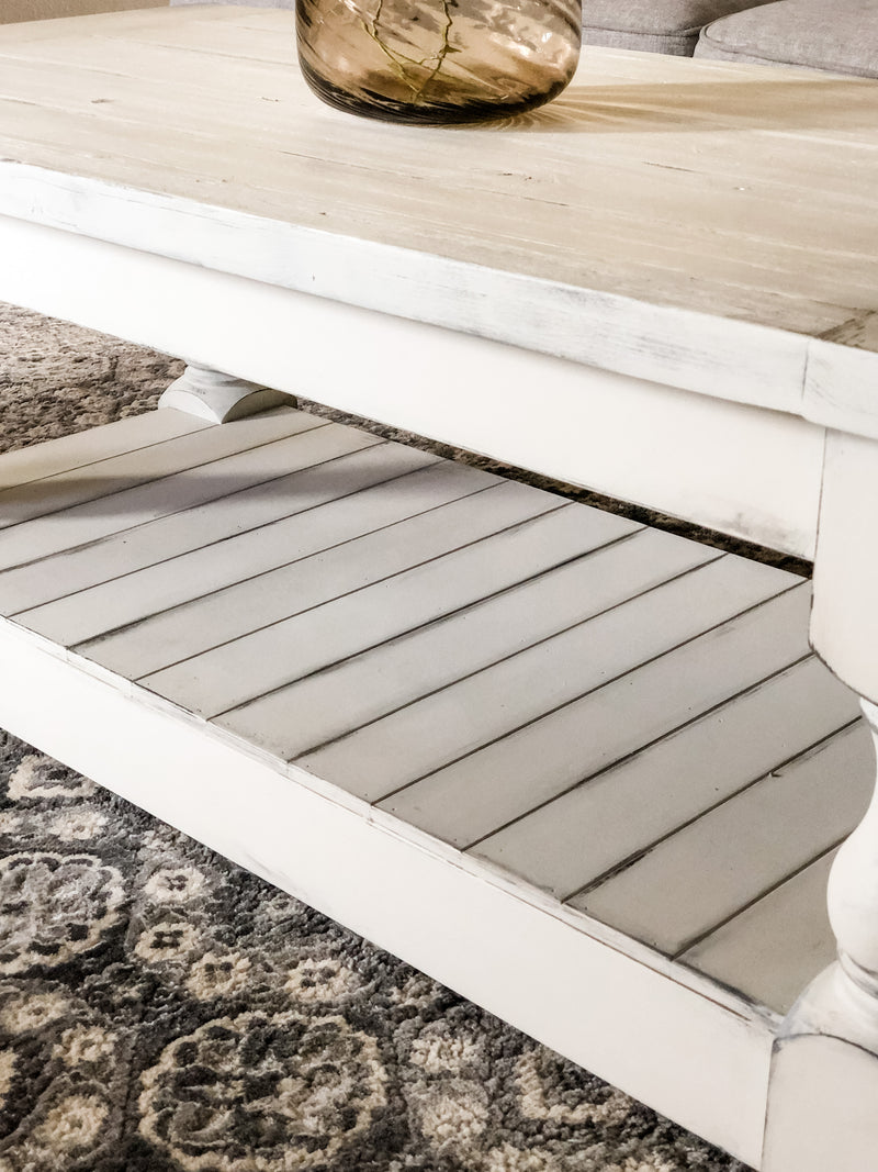 Rustic baluster farmhouse coffee table distressed rectangle all over distressed paint