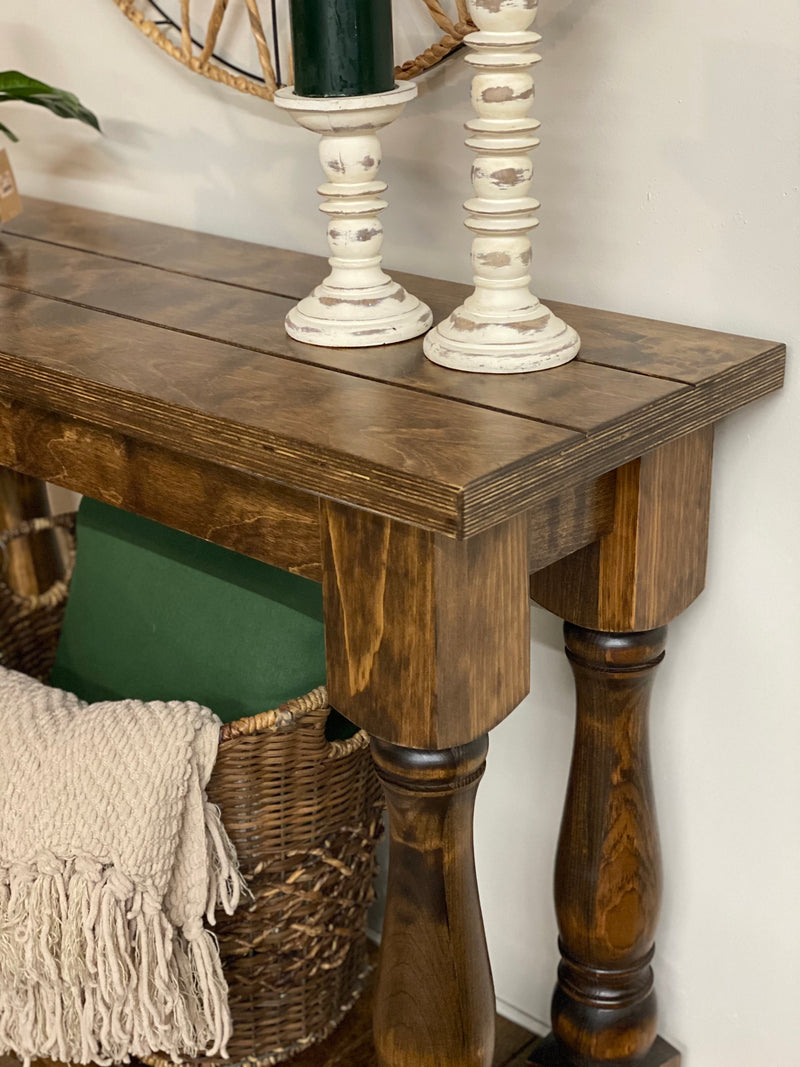 Entry table with baluster legs fully stained