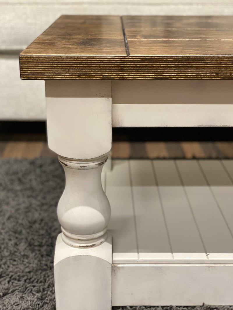 Baluster rectangle farmhouse coffee table distressed with warm brown top