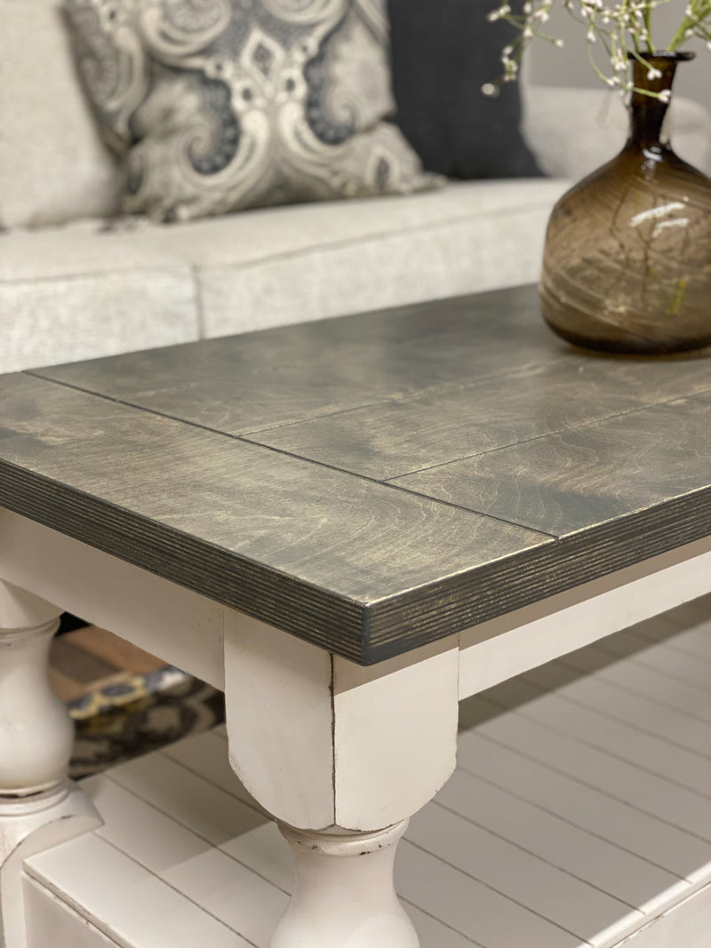 Rustic baluster rectangle farmhouse coffee table distressed aged barrel