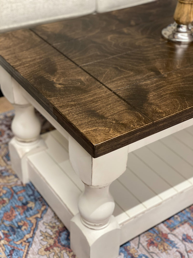 Rustic baluster rectangle farmhouse coffee table distressed dark brown stain