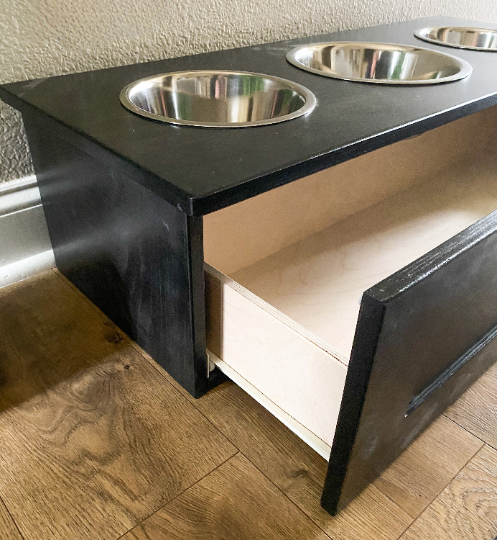 3 bowl elevated pet feeder with storage drawer in black stain