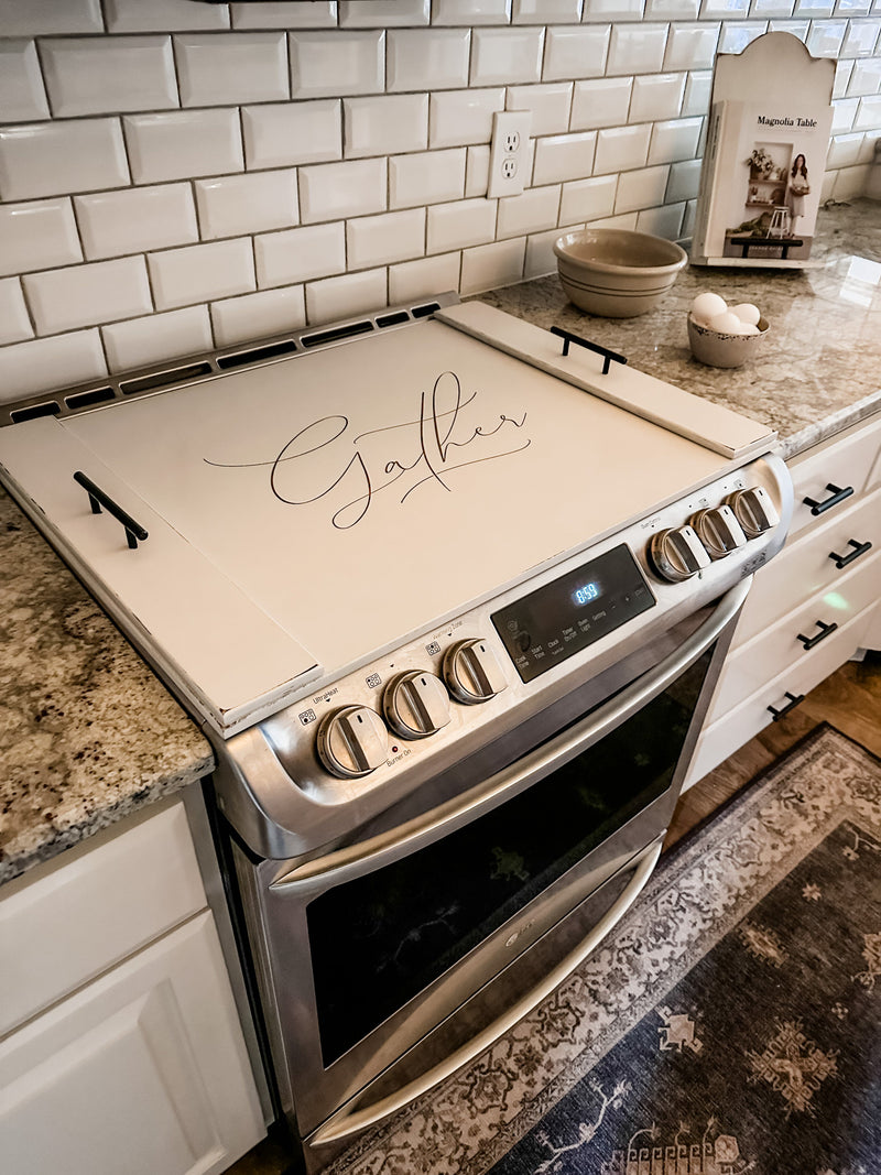 Elegant "gather" stove cover ivory distressed