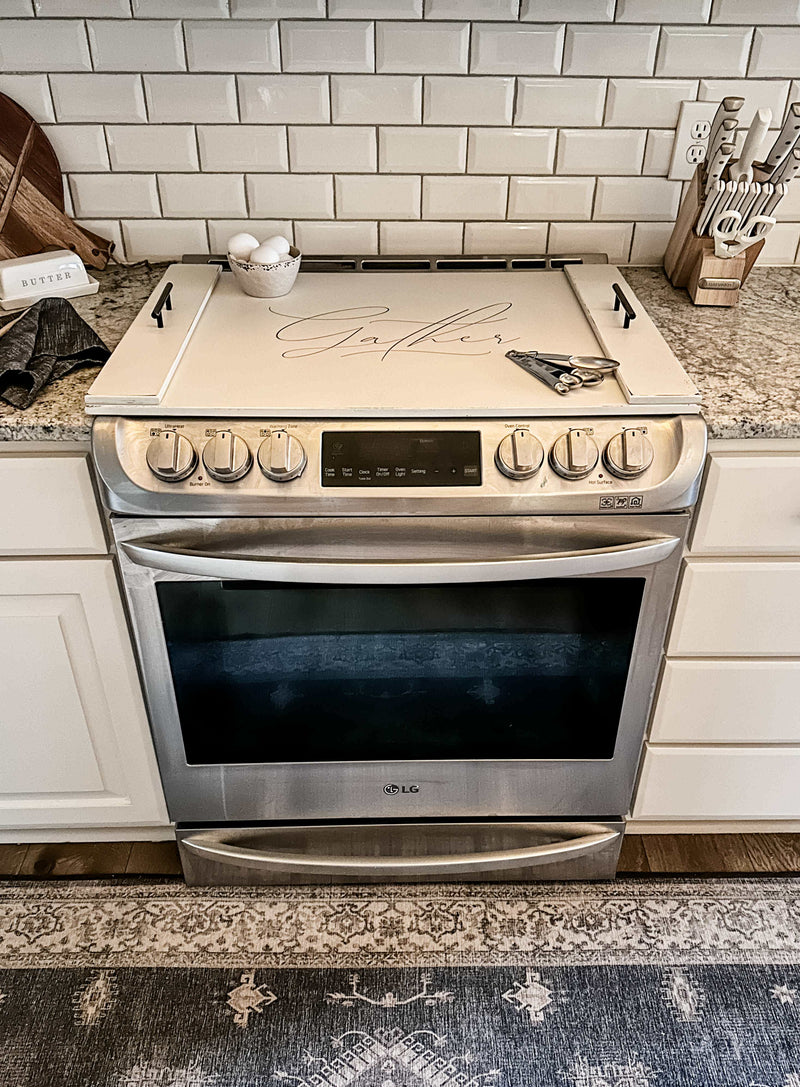 Elegant "gather" stove cover ivory distressed