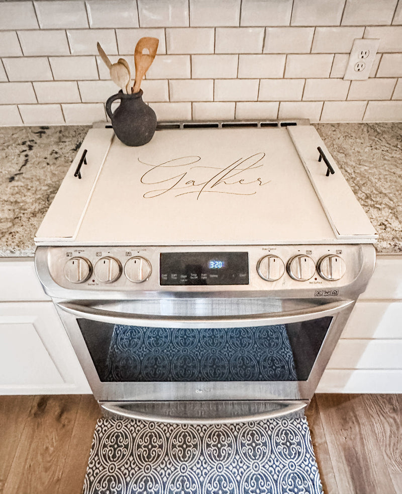 Elegant "gather" stove cover ivory distressed