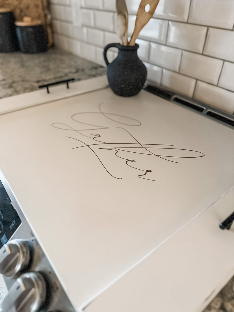 Elegant "gather" stove cover ivory distressed