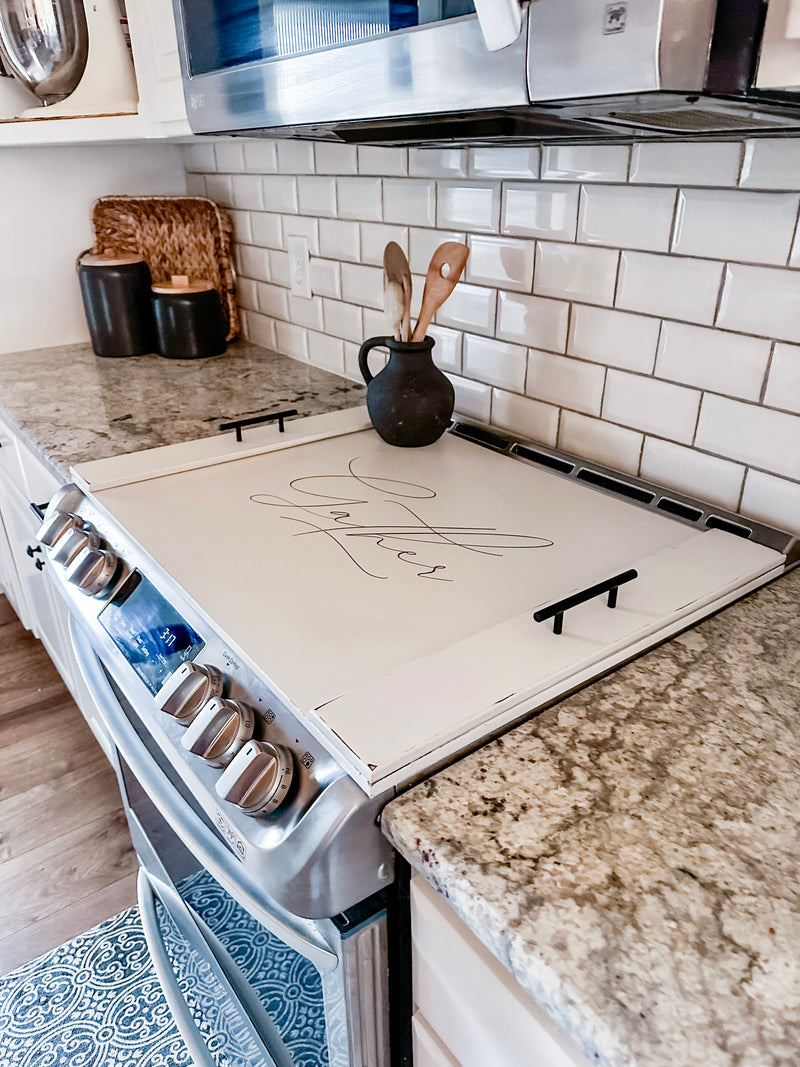 Elegant "gather" stove cover ivory distressed
