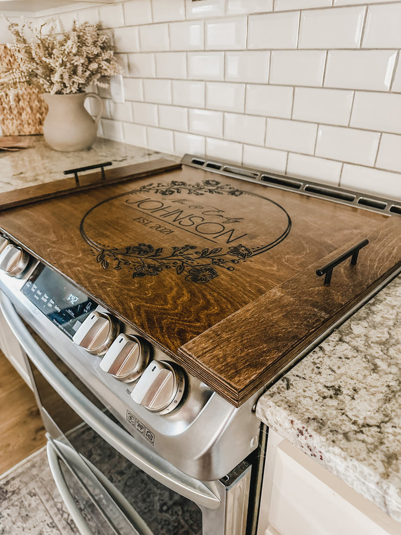 Personalized wedding/anniversary stove cover, warm brown + dark script